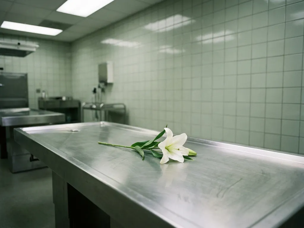 Lege roestvrijstalen autopsietafel in een mortuarium met één witte lelie, zacht diffuus licht, serene en sombere sfeer.
