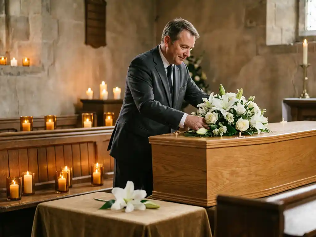 Uitvaartleider in donker pak schikt witte bloemen op houten kist in kapel met kaarslicht en witte lelie op de voorgrond.