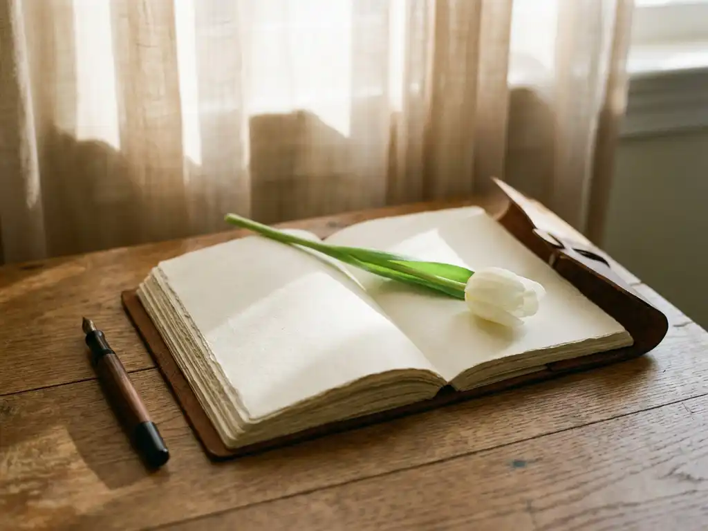 Versleten leren dagboek op eikenhouten tafel met witte tulp en vintage vulpen in zacht middaglicht.