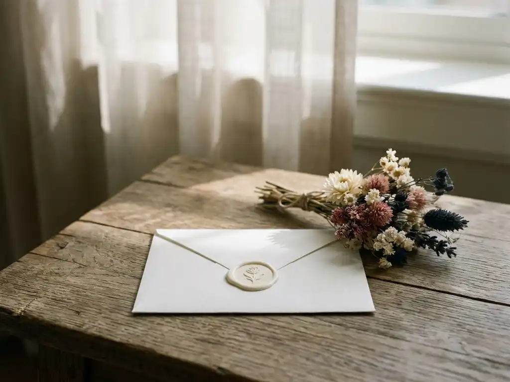 Witte envelop met waszegelstempel op verweerde eiken tafel, naast gedroogde bloemen in zacht middaglicht.