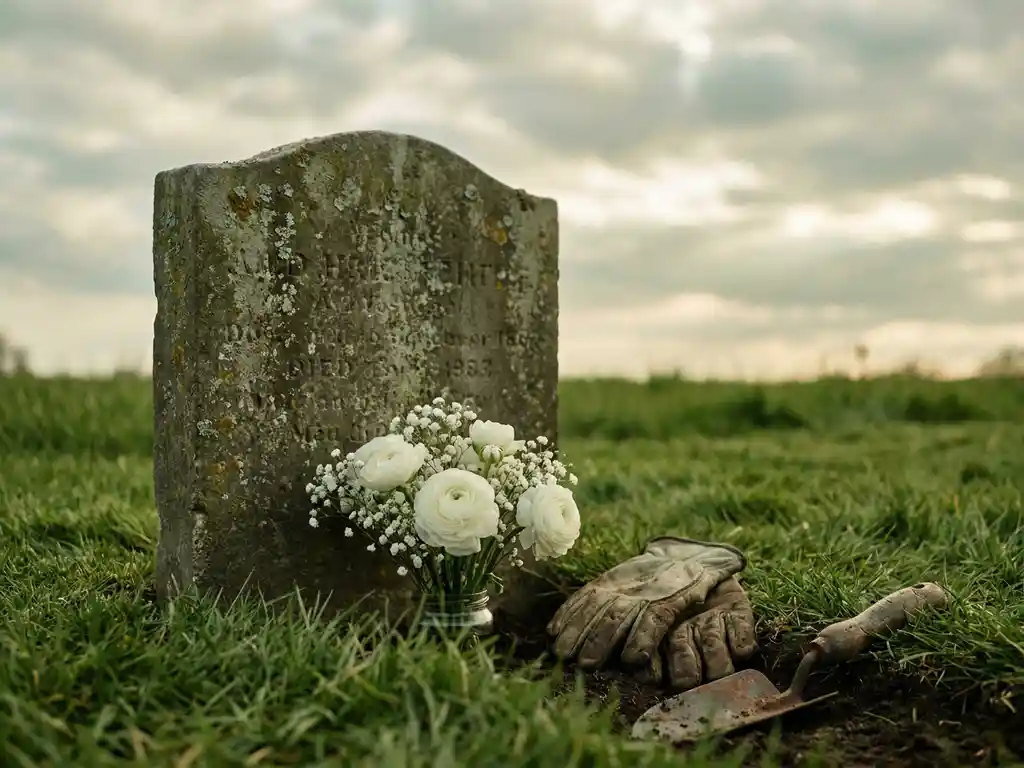 Verweerde stenen grafsteen met witte bloemen aan de voet, tuinhandschoenen en trофfel op de grond, bewolkte lucht.