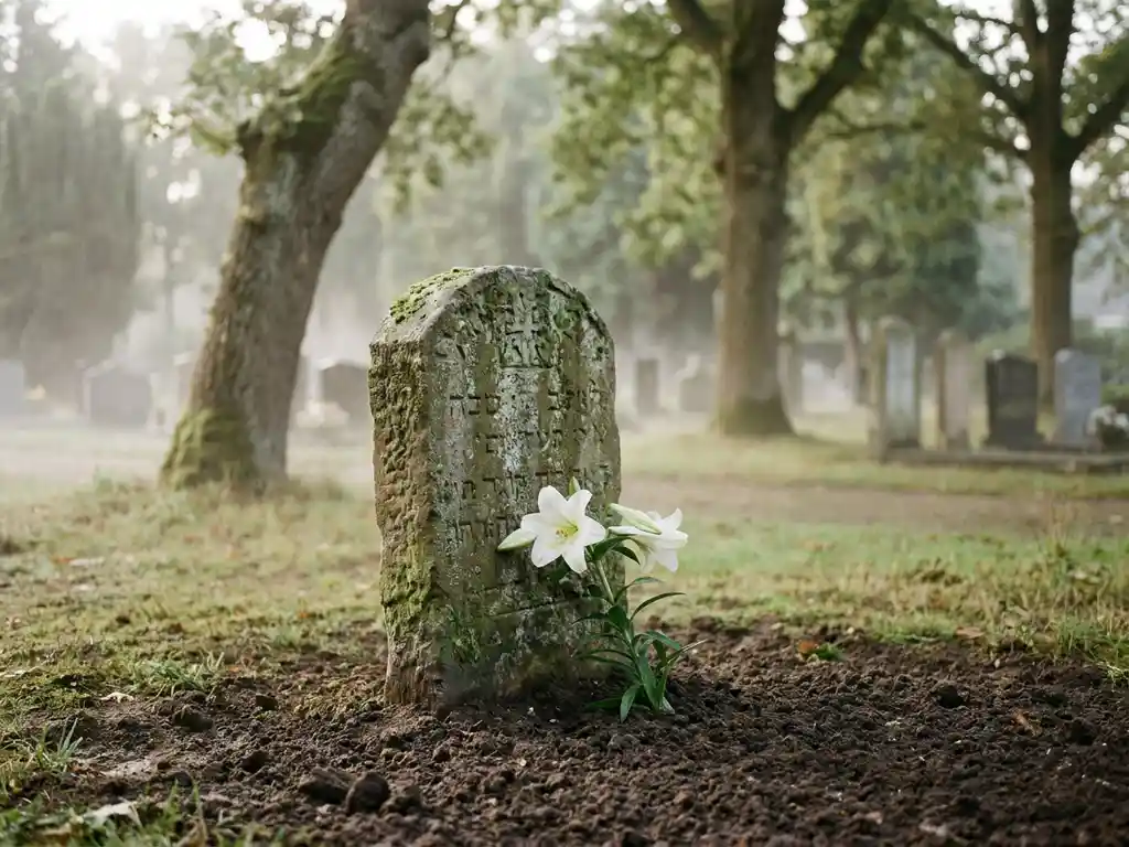 Verweerde stenen grafsteen op een Nederlands kerkhof, omgeven door verse aarde, witte lelie en ochtendmist tussen eikenbomen.