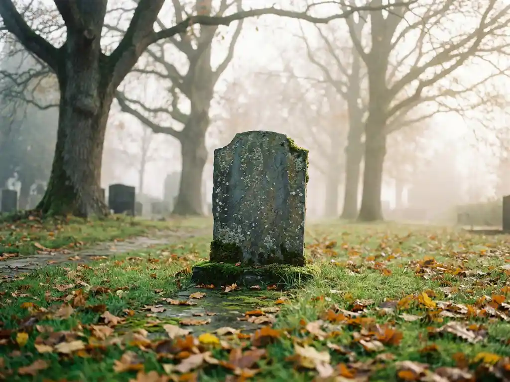 Verweerde stenen grafsteen op een mistige Nederlandse begraafplaats, omringd door eiken en herfstbladeren op nat gras.
