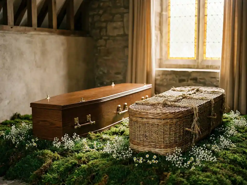 Gepolijste eiken kist naast een ecologische rieten kist op een bed van mos in een kapel, omgeven door witte bloemen en warm natuurlijk licht.