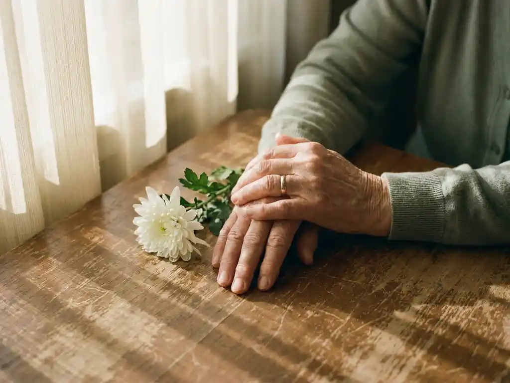 Twee handen die elkaar zacht vasthouden op een verweerde houten tafel, met een witte chrysant en warm middaglicht.