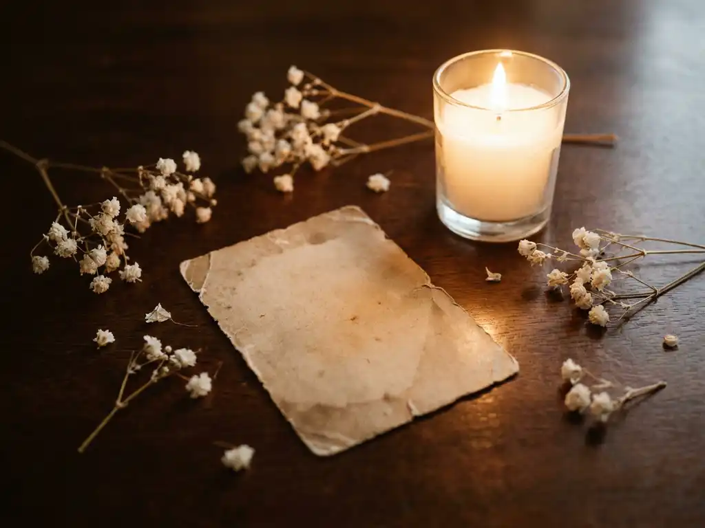 Vergeeld herdenkingskaartje op donker hout, omringd door gedroogde witte bloemen en een brandende kaars met warm goudkleurig licht.