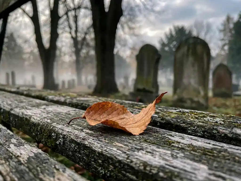 Gedroogd herfstblad op een verweerde houten bank in een mistige begraafplaats, omgeven door kale bomen in zachte ochtendnevel.