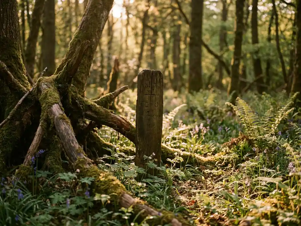 Verwerkte houten grafmarkering tussen mos bedekte boomwortels in Nederlands bos, omringd door varens en wilde bloemen in gouden licht.