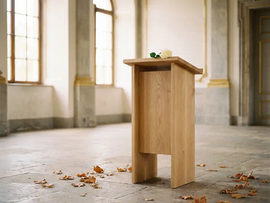 Houten spreekgestoelte met witte roos in een seculiere zaal, warme natuurlijke belichting en herfstbladeren op de stenen vloer.