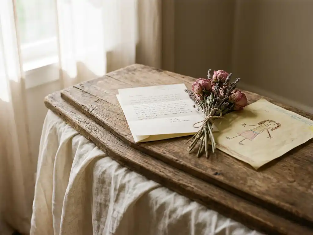 Verweerde houten kistdeksel met een gevouwen handgeschreven brief, gedroogde bloemen en een kindertekening op ivoren linnen.
