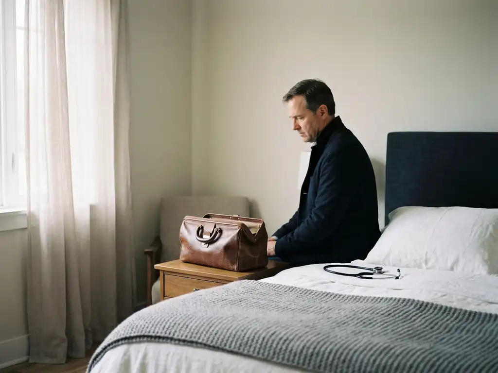 Huisarts staat peinzend naast een opgemaakt bed, met een open leren dokterstas en stethoscoop op het nachtkastje in zacht ochtendlicht.
