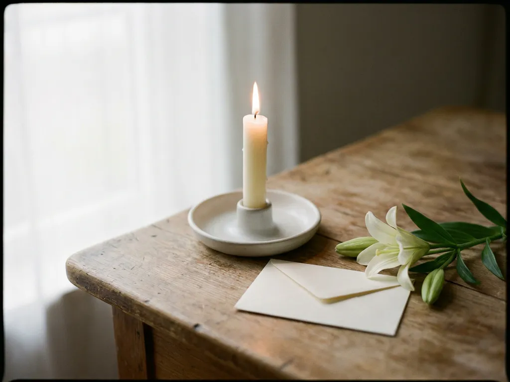 Brandende witte kaars op houten tafel naast een gevouwen envelop en een takje witte lelie, serene sfeer met zacht natuurlijk licht.
