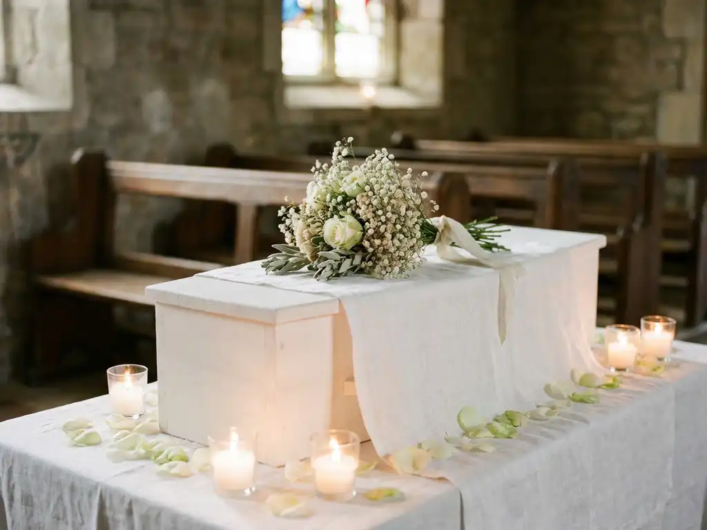 Klein wit kinderkistje met een teder bosje lichtgekleurde veldbloemen, omgeven door kaarslicht en verstrooide bloemblaadjes in een stille kapel.