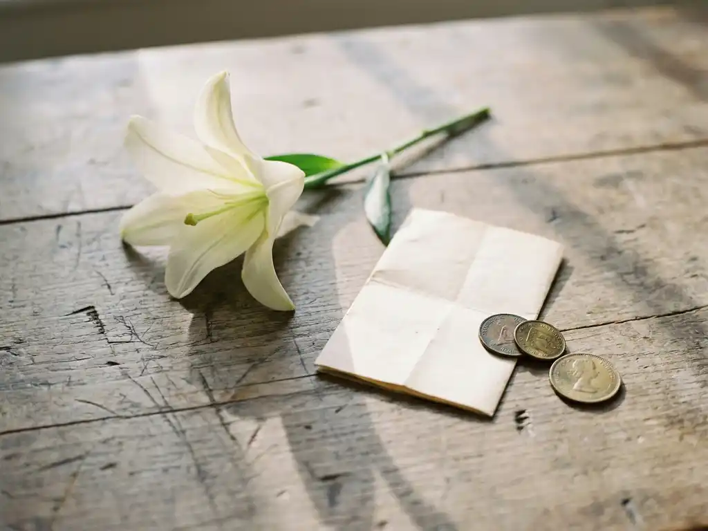 Witte lelie op verweerd houten tafel naast gevouwen briefje en verspreide munten, zacht natuurlijk raamlicht.