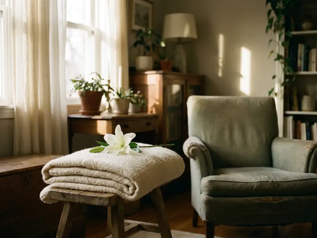 Witte lelie op gevouwen wollen deken naast lege fauteuil in rustige woonkamer met warm middaglicht door gordijnen.