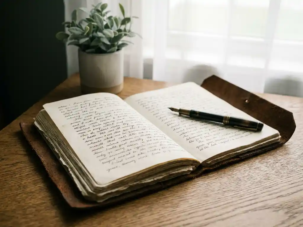 Versleten leren dagboek opengeslagen op een eiken bureau met vulpen op handgeschreven notities, zacht natuurlijk licht en kleine plant op de achtergrond.