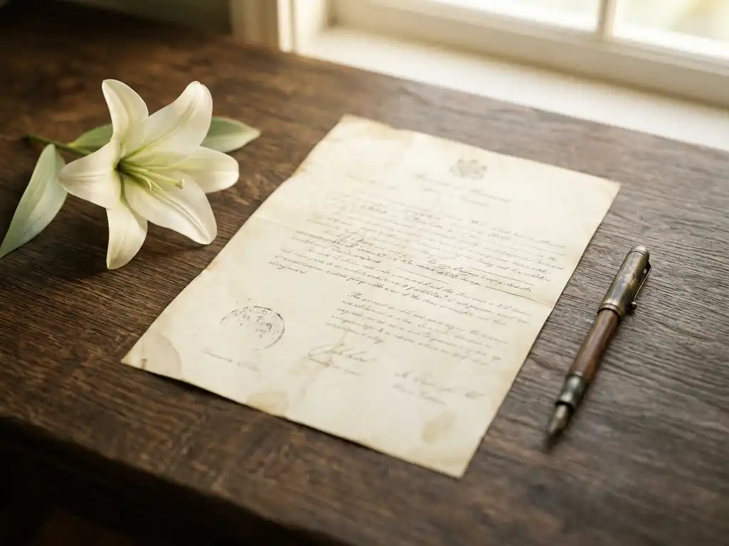 Vergeeld officieel document op donker eiken hout, met een witte lelie en vintage vulpen in zacht natuurlijk licht.