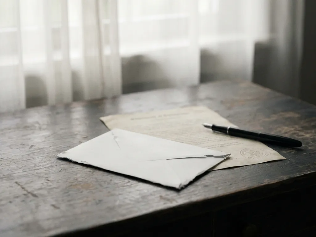 Verweerd houten bureau met officieel document onder witte envelop en zwarte vulpen, zacht natuurlijk licht.