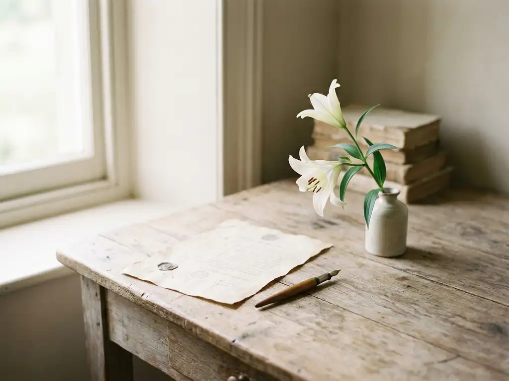 Officieel document op verweerd houten bureau met vulpen en witte lelie in zacht natuurlijk zijlicht.