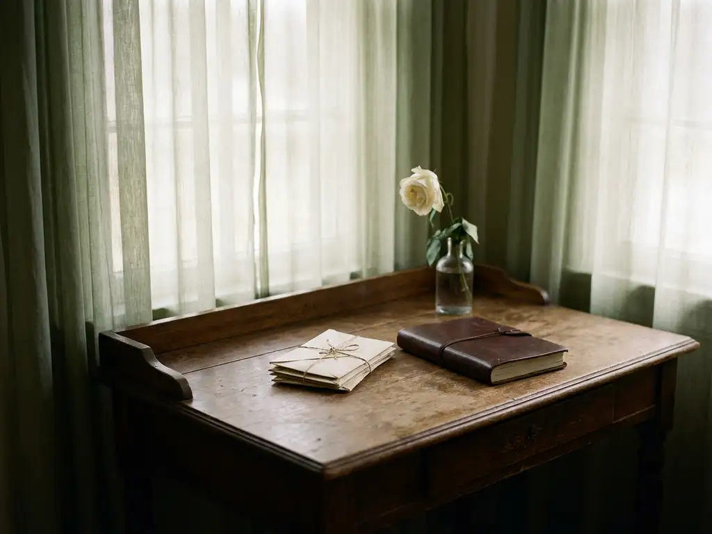 Verwelkte witte bloem naast ongeopende enveloppen en een leren notitieboek op een verouderd houten bureau, zacht middagslicht.