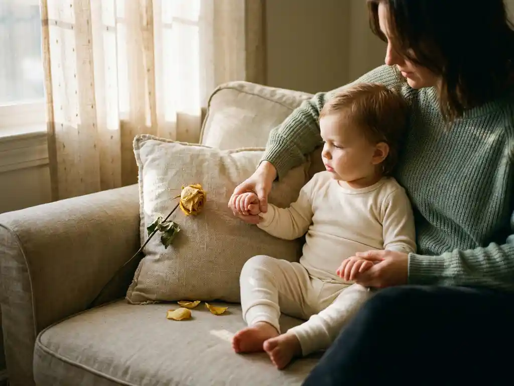 Ouder en kind hand in hand op een zachte bank, verwelkte bloem naast hen, warm middaglicht door doorzichtige gordijnen.