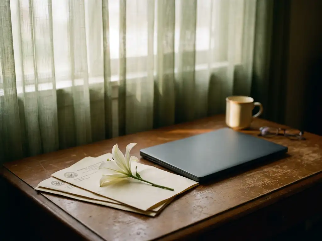 Verweerde houten bureau met gesloten laptop, witte lelie en gevouwen officiële documenten in zacht middaglicht.
