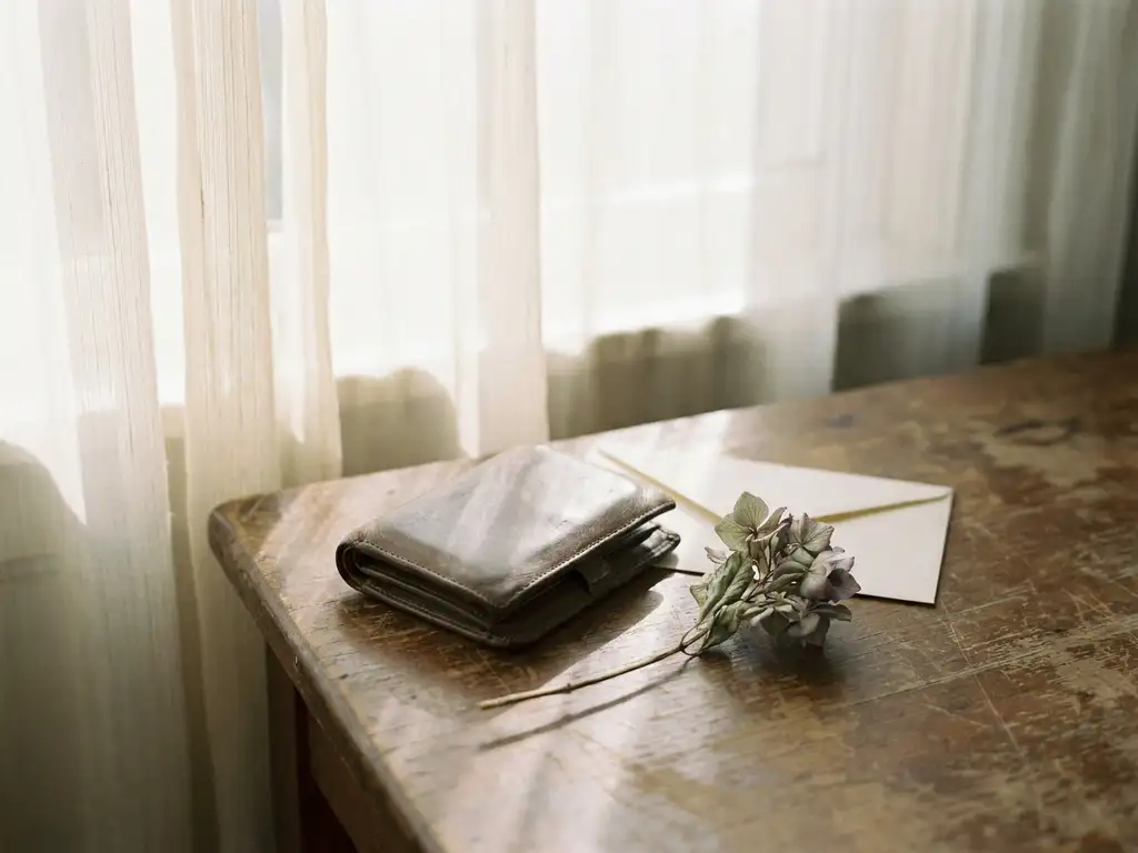 Versleten leren portemonnee op houten tafel naast wit envelop en gedroogde bloem, zacht middaglicht door doorzichtig gordijn.