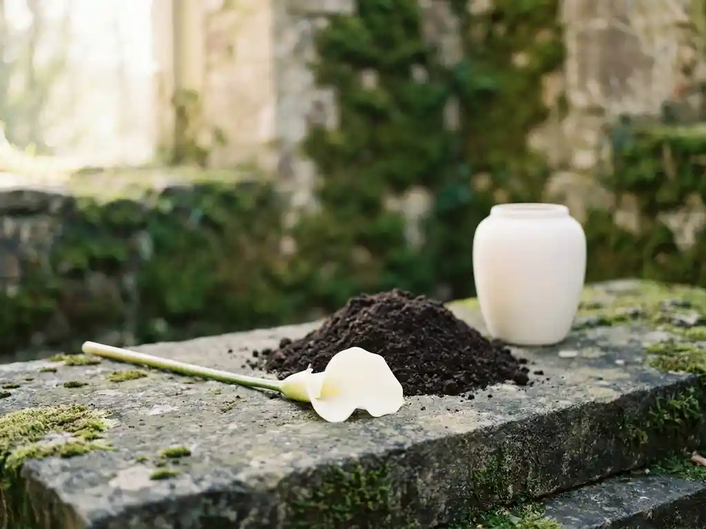Witte calla lily naast een witte keramische urn en donkere aarde op verweerd steen, zachte mos op de achtergrond, contemplatieve sfeer.