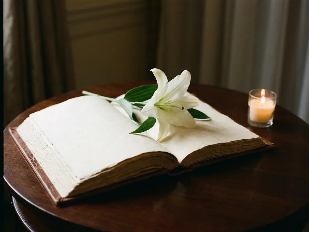 Open rouwregister met witte lelie op cremekleurige pagina's, verlicht door kaarsvlam op donker houten oppervlak.