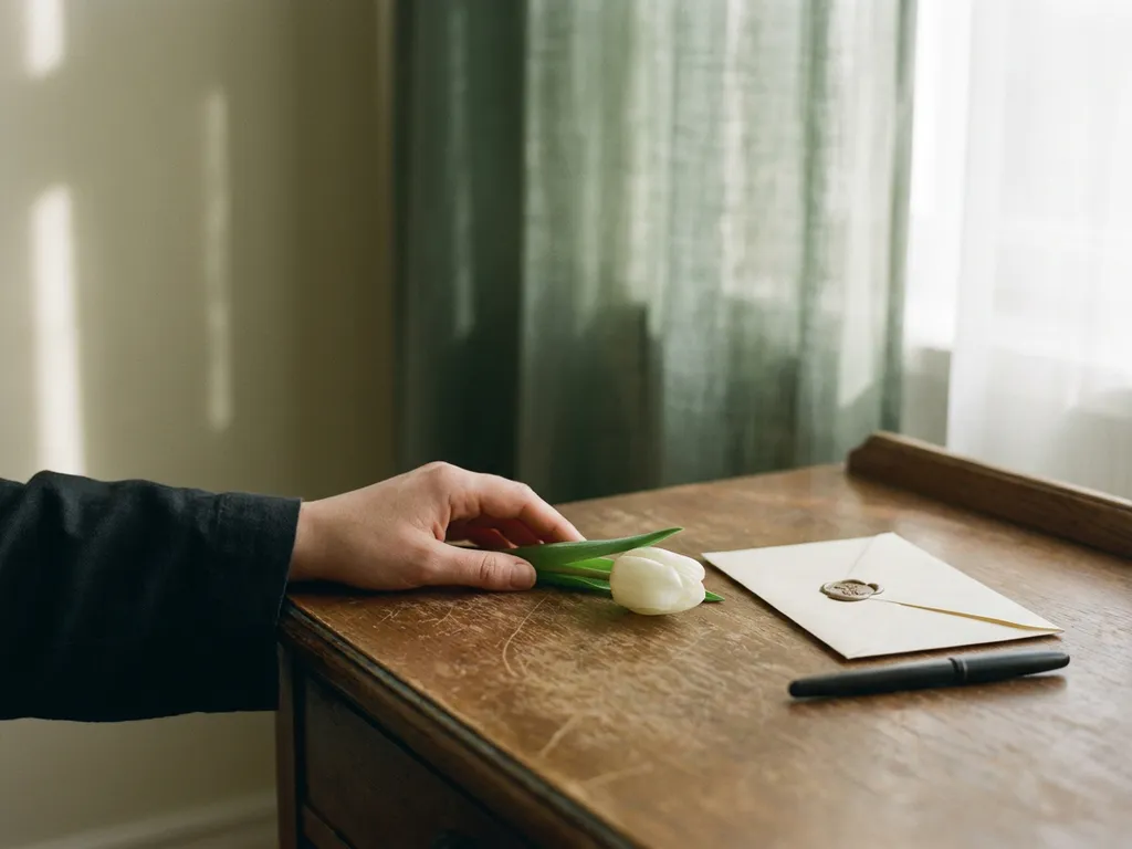 Hand die een witte tulp plaatst op een houten bureau naast een officiële envelop en vulpen, zacht natuurlijk licht.