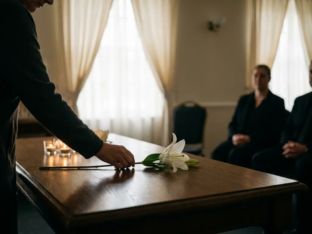 Rouwend familielid legt witte lelie op gepolijste houten tafel in stemmige uitvaartreceptieruimte met kaarslicht.