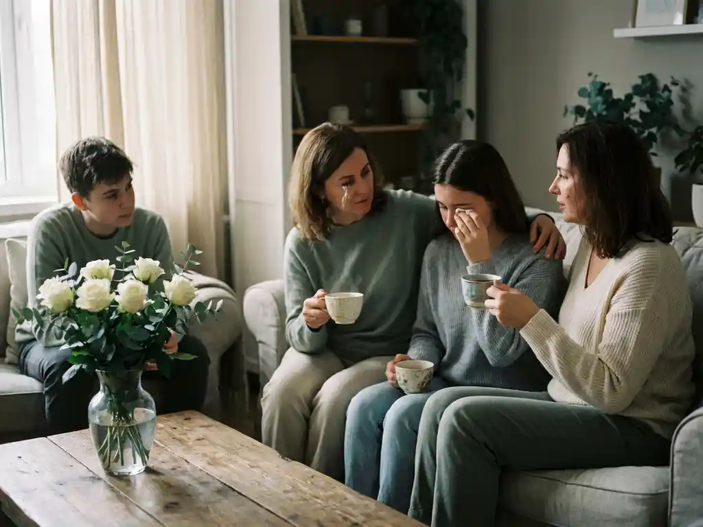 Rouwende familie in woonkamer met witte bloemen, theekopjes en zacht natuurlijk licht door gordijnen.