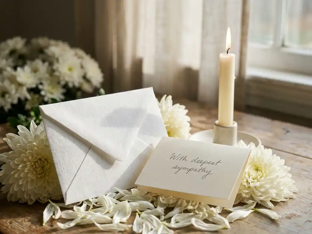Witte envelop en rouwkaart op witte chrysanten naast een brandende kaars, in zachte crème- en ivooitinten.