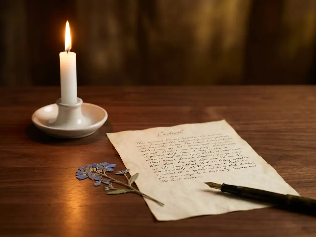 Handgeschreven codicil op perkament naast een brandende witte kaars, gedroogde bloem en vintage vulpen op donker walnoothouten tafel.