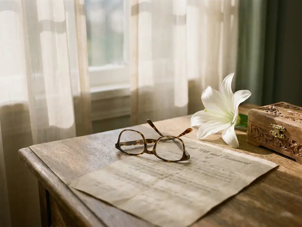 Vergeeld testament op een verweerd houten bureau, naast een witte lelie en een houten doosje, met een leesbril en zacht middaglicht.