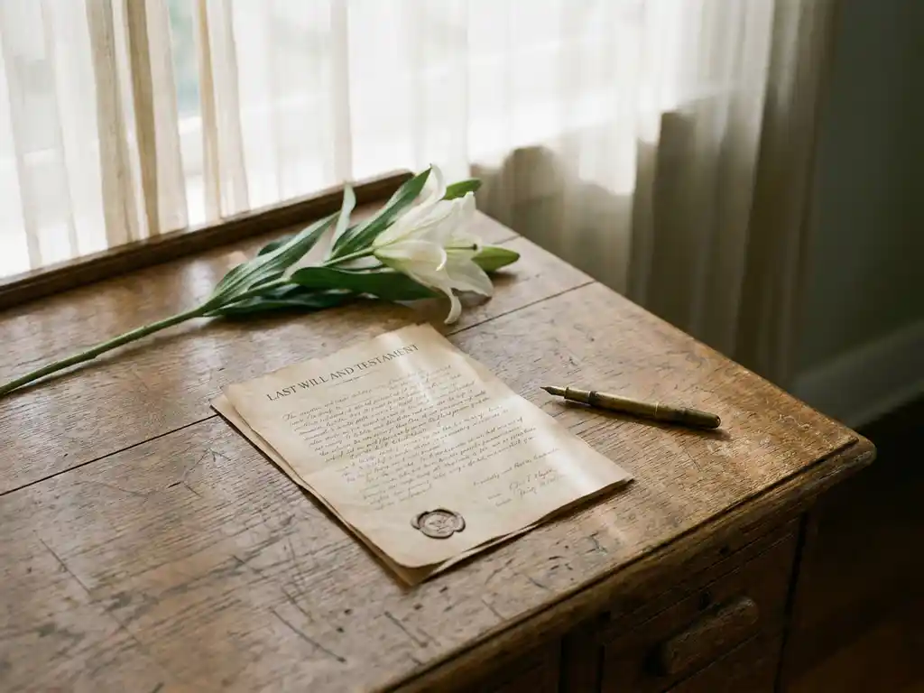 Opengeslagen testament op een verweerd houten bureau met een vintage vulpen en witte lelie in zacht middaglicht.