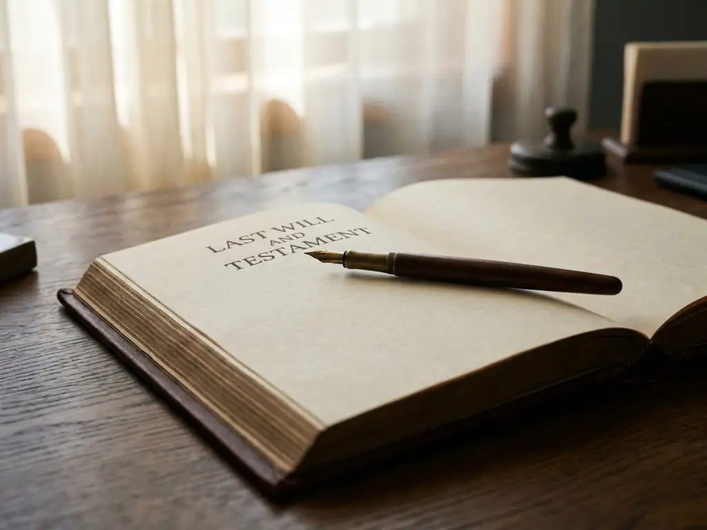 Leren testament op donker eiken bureau met antieke vulpen, zacht natuurlijk licht door gordijnen.