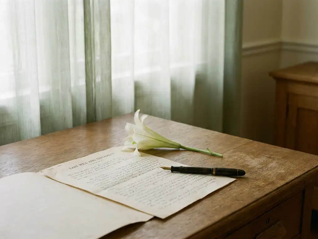 Open testament document met vulpen en witte lelie op een verweerd houten bureau, zacht middaglicht door gordijnen.