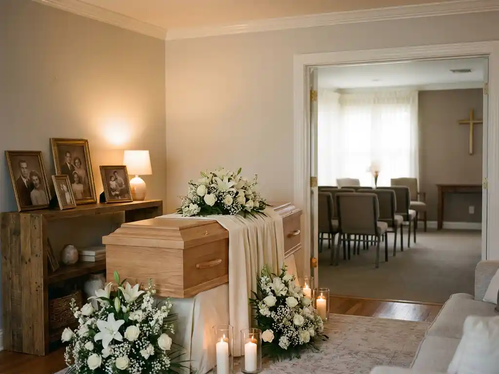 Houten kist omringd door witte bloemen en kaarslicht in een huiskamer, met familiefotos op een nabijgelegen plank.