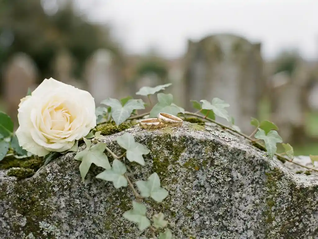 Twee verouderde gouden trouwringen op een bemoste grafsteen, met een witte roos en klimop, zachte grijze en groene tinten.