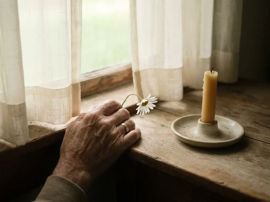 Verweerde hand houdt een verwelkte witte bloem vast bij een raam met zacht ochtendlicht door doorzichtige gordijnen.