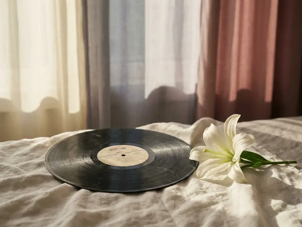 Versleten vinylplaat op linnen doek naast een witte lelie, zacht middaglicht door gordijnen, intieme sfeer.