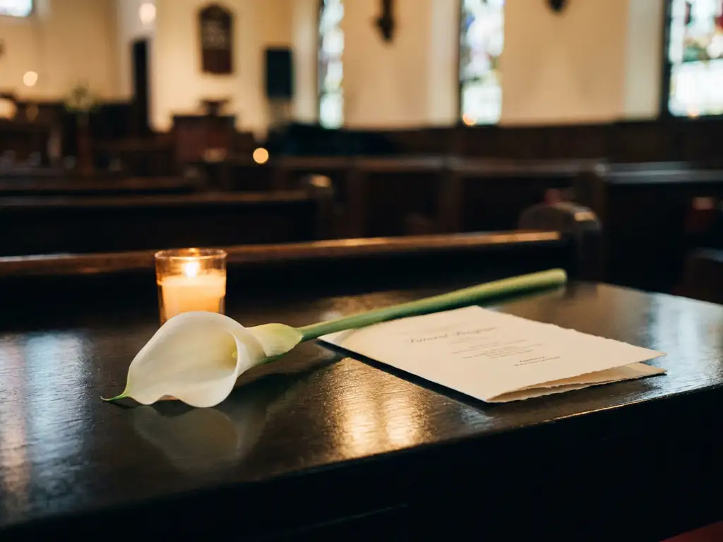 Witte calla lily naast een gevouwen rouwprogramma op donker gepolijst hout, met kaarslicht en een wazige kapelinterior op de achtergrond.