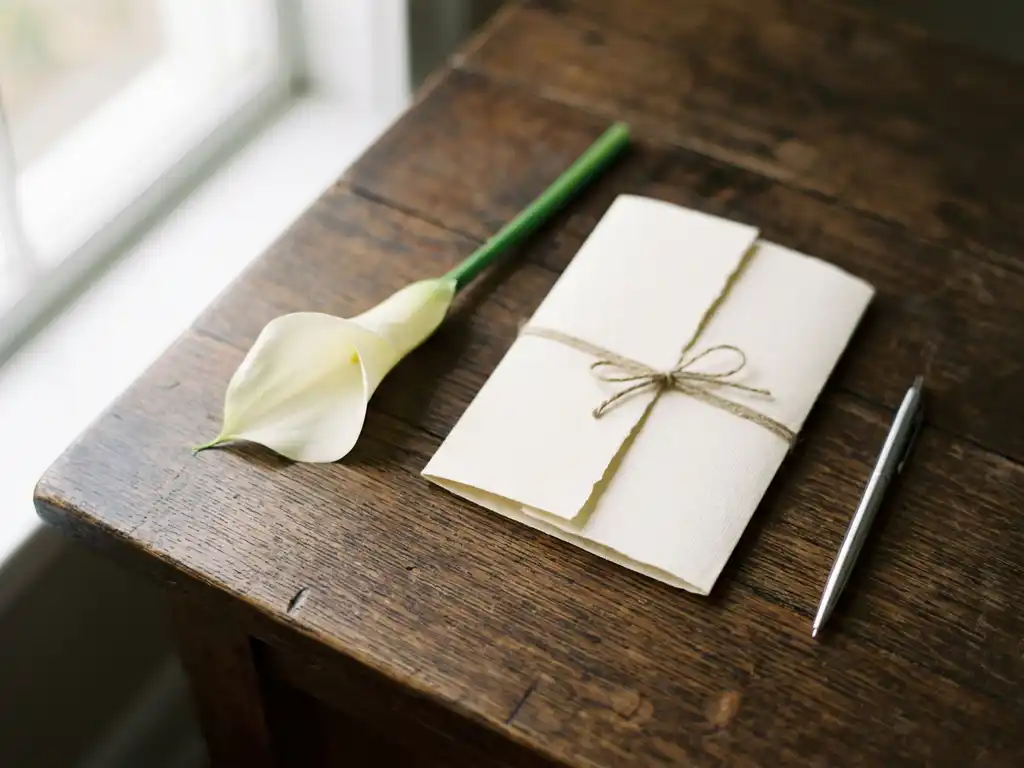 Witte calla lily op donker eiken hout naast gevouwen crèmekleurig document en zilveren pen, zacht natuurlijk licht.