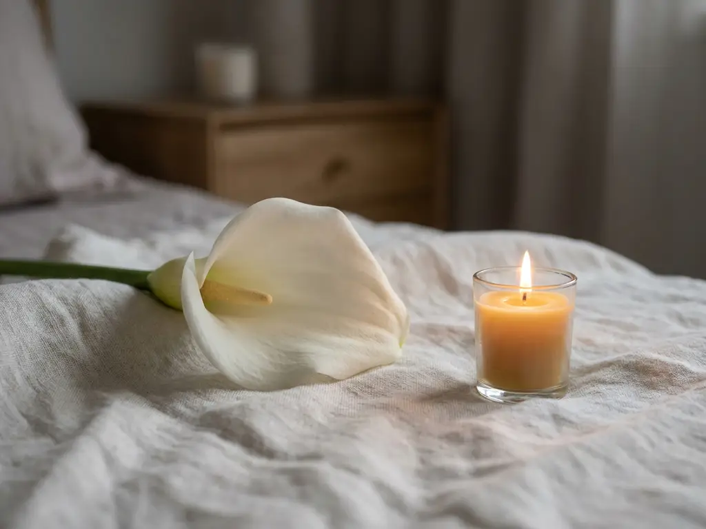 Witte calla lily op linnen doek naast een brandende kaars, zachte kaarslichtsfeer in ivoor- en amberkleurige tinten.