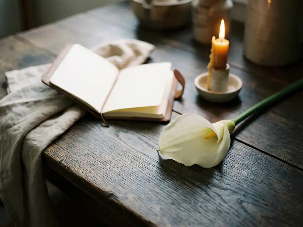 Witte calla lily op verweerde eiken tafel naast open notitieboek, warm kaarslicht met ivoor en amberkleurige tinten.