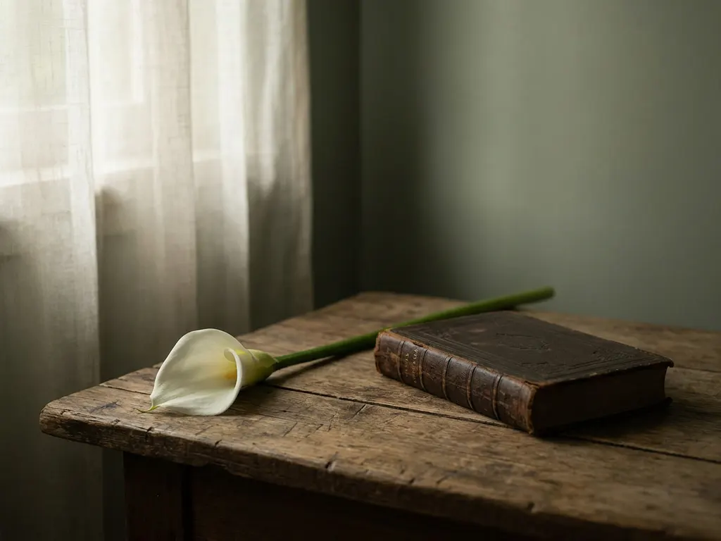 Witte calla lily naast een leren boek op verweerd hout, zacht ochtendlicht door een gordijn, rustgevende sfeer.