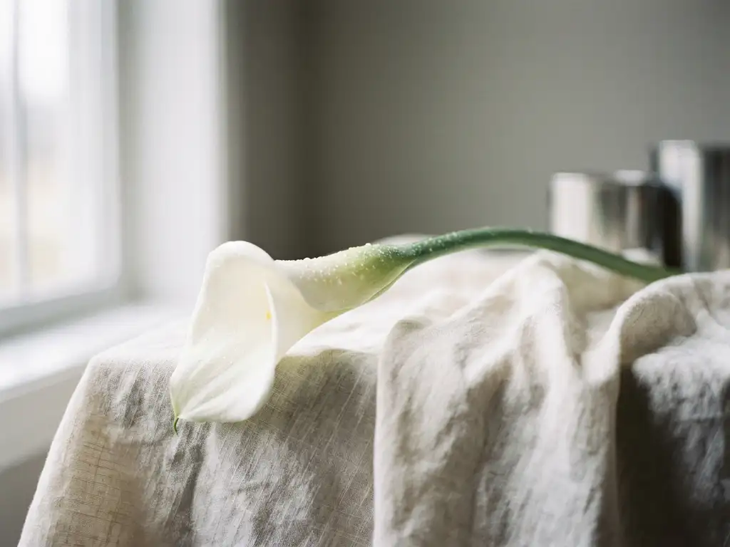 Witte calla lelie met waterdruppels op ivoren linnen doek, zacht zijlicht en onscherpe grijze achtergrond.
