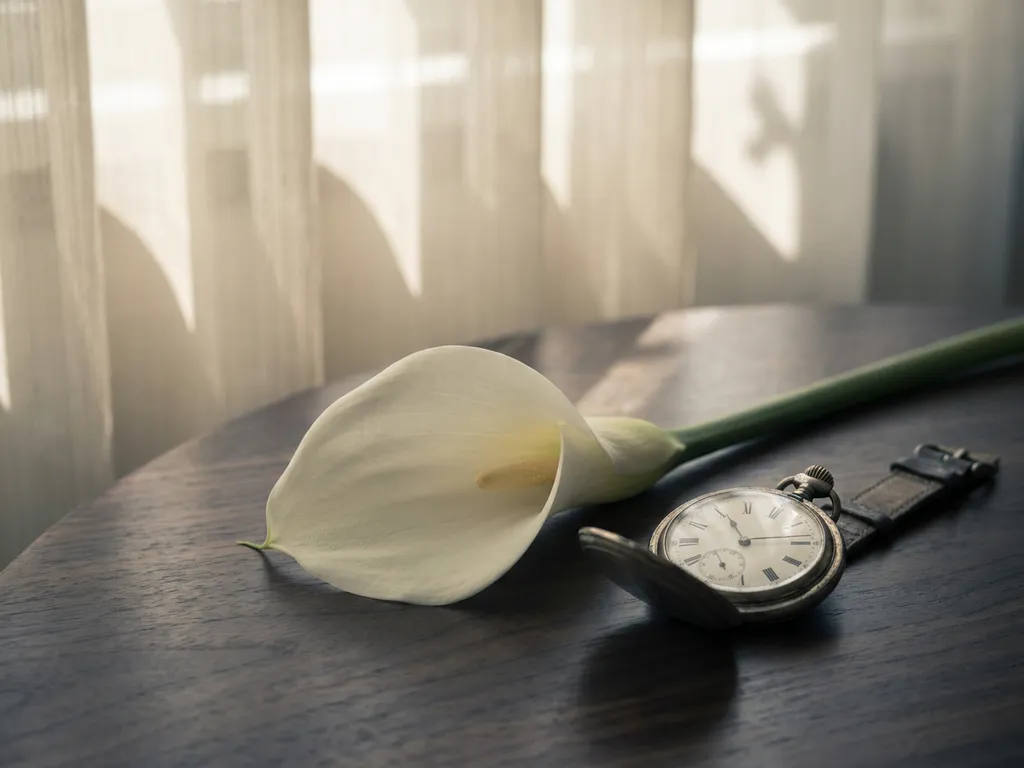 Witte calla lily op donker gepolijst hout naast een zakhorloge, zacht ochtendlicht door gordijnen, rustige en waardige sfeer.