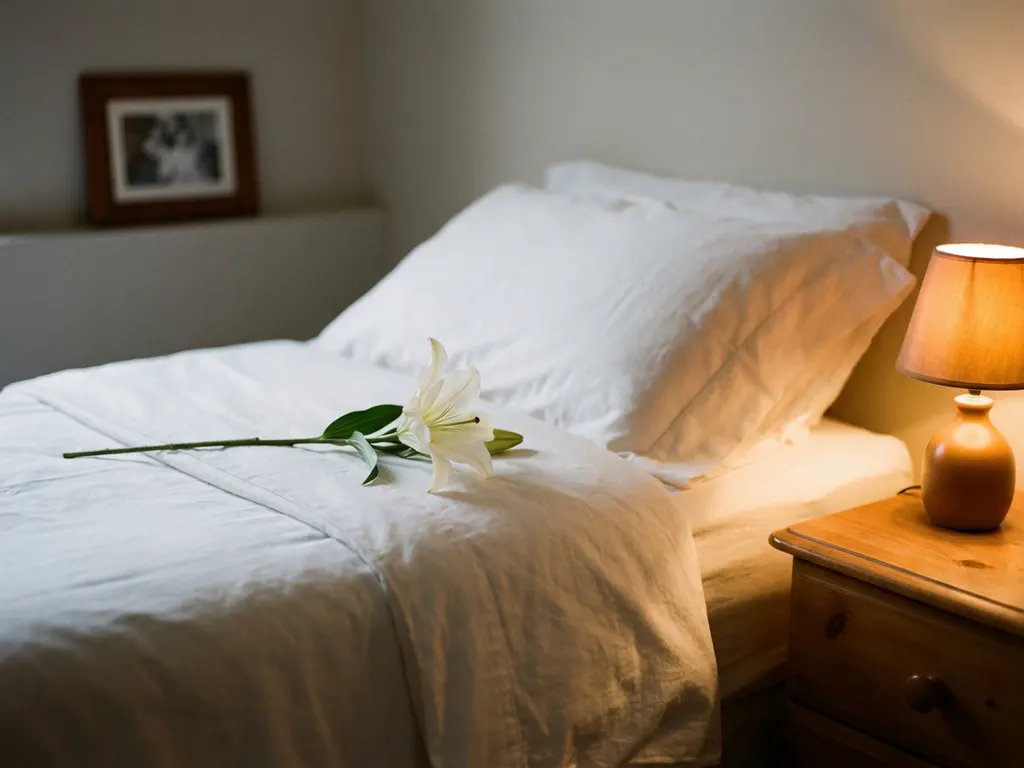 Witte lelie op wit linnen bed naast brandende lamp, met wazig ingelijste foto op de achtergrond, rustige en tedere sfeer.